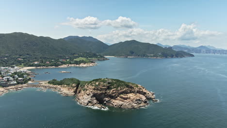 4K-Aerial-View-around-Crocodile-like-Island-in-Shek-O,-Hong-Kong