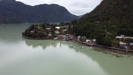 Drone-footage-of-Caleta-Tortel-village-without-streets-at-the-end-of-Carretera-Austral