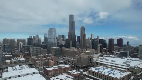 Aerial-shot-of-downtown-Chicago-with-snow