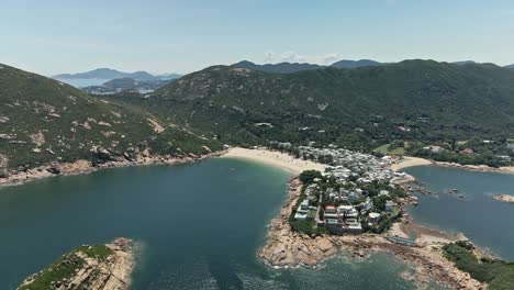 Beautiful-Shek-O-Village-with-Beach-in-Hong-Kong,-4K-Aerial-view