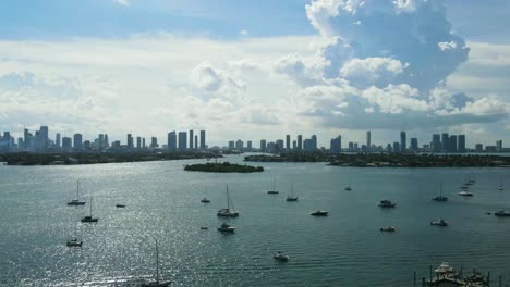Miami,-Florida-Skyline-with-Boats-in-Harbor---Time-Lapse-with-Copy-Space