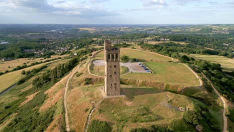 Drone-ariel-footage-Castle-Hill-is-a-ancient-monument-in-Almondbury-overlooking-Huddersfield-in-the-Metropolitan-Borough-of-Kirklees,-West-Yorkshire