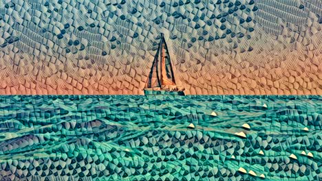 Artistic-textured-animation-of-small-yacht-boat-sailing-at-sunset