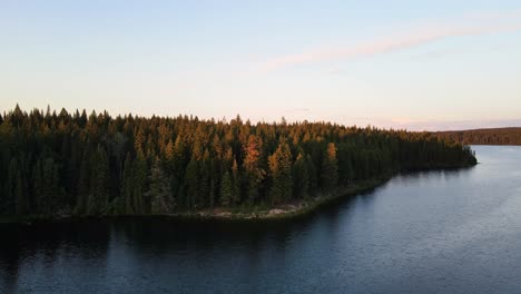 Soft-light-at-sunset-illuminating-the-trees-surrounding-Cobb-Lake-in-British-Columbia,-Canada