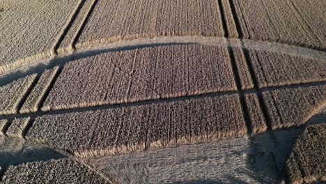 Close-up-fly-over-mysterious-Micheldever-Station-alien-hoax-crop-circle-shapes-aerial-view-tilt-up-across-rural-farmland