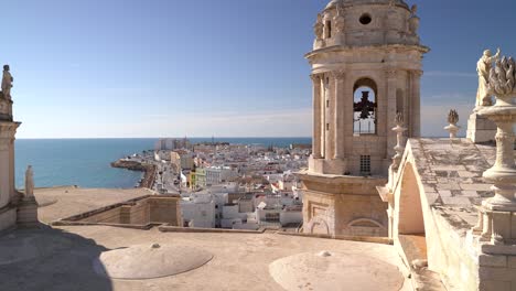 Panoramic-view-over-Cadiz-Cathedral-with-road-and-ocean