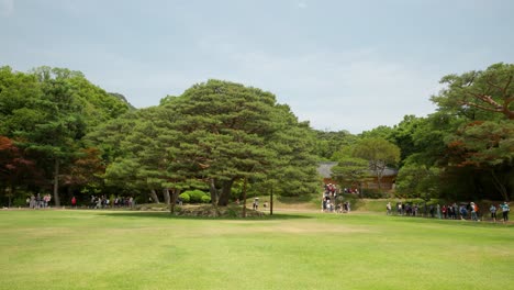 Groups-of-people-travel-in-Nokjiwon-Garden-at-Cheong-Wa-Dae,-Blue-House