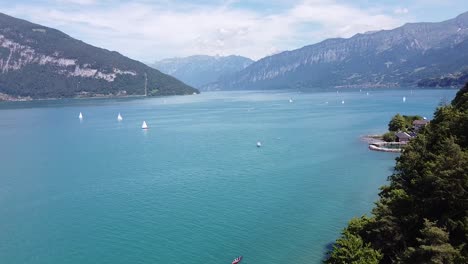 Arial-shot-of-the-Lake-in-Spiez-located-just-south-gf-Bern,-Switzerland
