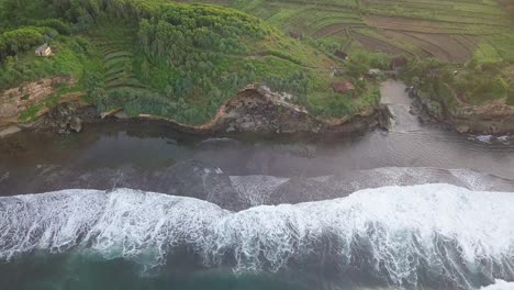 Sliding-drone-shot-of-cliff-overgrown-by-tress-border-with-the-sea