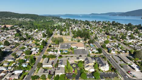 Aerial-view-of-Anacortes,-Washington-suburbs-on-a-warm-summer-day