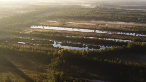 Magical-river-delta-with-misty-landscape-and-bright-morning-sunshine,-aerial-view