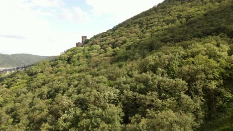Ancient-European-hillside-castle-revealed-behind-a-lush-deciduous-forest-on-a-sunny-day