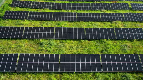 Aerial-birds-eye-shot-of-many-Solar-Panels-lighting-by-sun-and-producing-green-clean-energy-in-nature---4K-Drone-flight