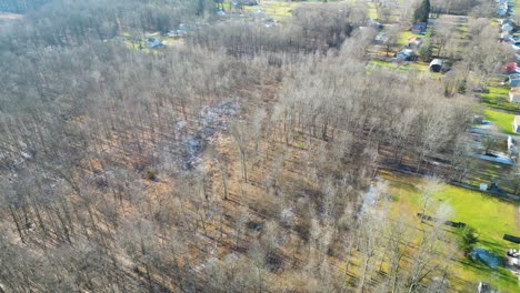 An-aerial-shot-flying-in-to-a-neighborhood-in-the-middle-of-winter-surrounded-by-dead-trees