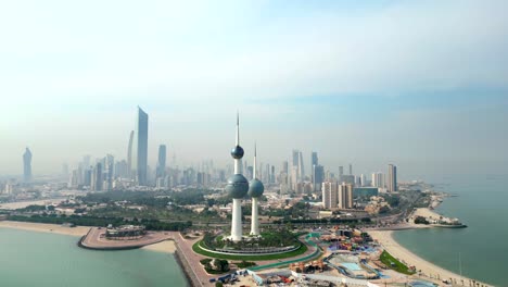Wide-angle-drone-shot-Kuwait-Towers-and-City