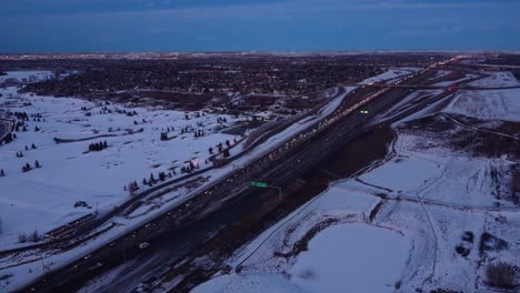 Static-drone-shot-of-the-massive-traffic-jam-in-winter-time-in-Canada