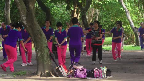 SLOW-MOTION:-Large-group-of-ladies-in-pink-and-purple-uniforms-practicing-dance-choreography-in-Daan-Park-in-Taipei-City,-Taiwan