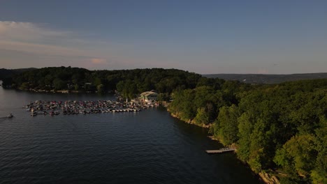 Partial-orbit-of-Marina-on-Candlewood-lake-in-Connecticut,-NorthEast-USA