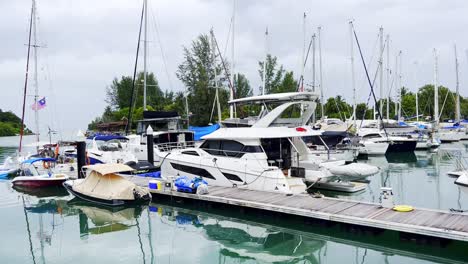 A-static-shot-of-many-yachts-docked-by-the-island-of-Langkawi