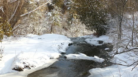Flowing-River-In-Snow-Covered-Forest-Woodland