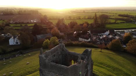 Aerial-fly-past-of-Burrow-Mump-Church-with-a-beautiful-sunset