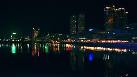 General-view-of-the-reflection-of-lights-in-a-stream-in-Puerto-Madero-in-Argentina,-a-tourist-spot-in-the-city
