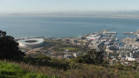 Cape-town-harbour-and-sport-stadium-arena,-seen-from-Signal-Hill