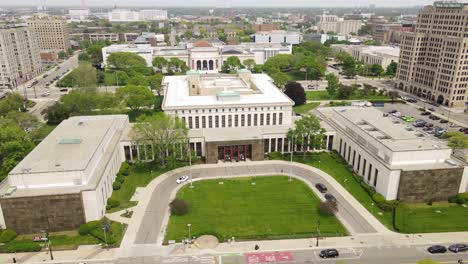 Main-Detroit-Public-Library-and-Wayne-State-University,-Detroit-Michigan,-aerial-view