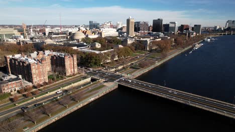 Boston-Back-bay-waterfront-aerial-view-across-Charles-River,-cityscape-skyline-during-the-day
