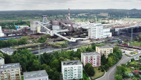 Aerial-reveal-of-coal-mine-area-in-Silesia-region-in-Poland,-Europe