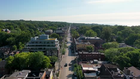 Drone-flying-over-small-Toronto-suburban-town-near-Lake-Ontario-in-the-summer