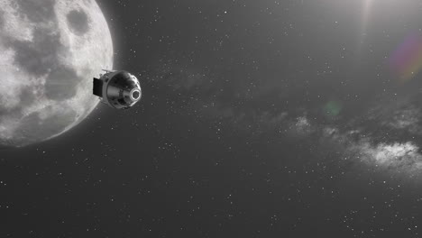 Cápsula-De-Orión-Artemisa-Que-Deja-El-Viaje-Lunar-Y-Regresa-A-La-Tierra-Con-La-Llamarada-Solar-Neblina-Y-El-Fondo-De-La-Galaxia-De-La-Vía-Láctea---Animación-Espacial-3d-4k