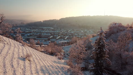 Beautiful-snowy-hills-and-forests-and-roofs-of-Winterthur,-Switzerland