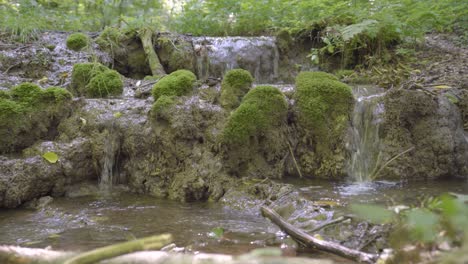 Overflow-from-small-stream-flows-over-small,-eroding,-muddy-ledge