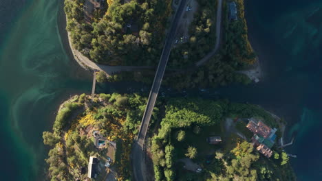 Aerial---Bridge-Over-Correntoso-River,-Villa-La-Angostura,-Neuquen,-Argentina,-Top-Down