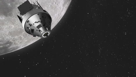 Orion-Artemis-Kapsel-Verlässt-Den-Mond-In-Richtung-Kamera,-Um-Das-Ziel-Der-Erde-Mit-Dem-Hintergrund-Der-Milchstraße-Zu-Enthüllen-–-3D-Weltraumanimation-4k