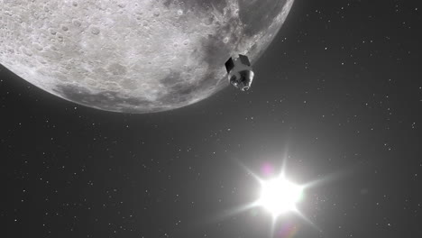 Orion-Artemis-Kapsel-Verlässt-Den-Mond,-Um-Zur-Erde-Zurückzukehren,-Wobei-Die-Kamera-Eingezogen-Und-Gedreht-Wird,-Mit-Sonnenflare-Dunst-Und-Milchstraßen-Galaxie-Hintergrund-–-3D-Weltraumanimation-4k