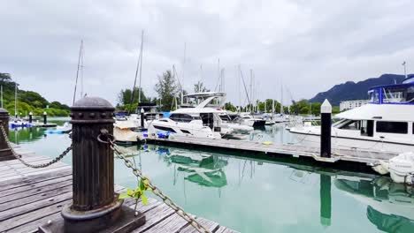 A-static-shot-of-a-lot-of-yachts-being-docked-at-the-wharf-by-the-Langkawi-Island-Malaysia