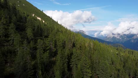 An-Sonnigen-Tagen-Wächst-Dichter-Wald-Am-Berghang-Der-Dolomiten,-Luftaufnahme
