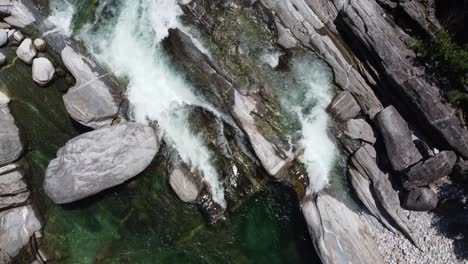 Aerial-top-down-shot-of-floating-Ticino-River-between-rocks-in-Switzerland,Europe-at-sunny-day