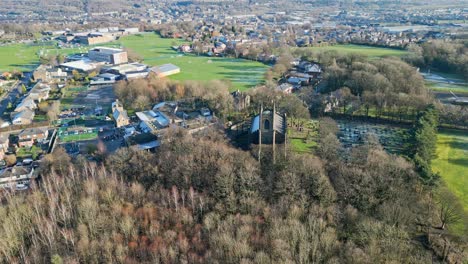 Cinematic-aerial-view-of-Saint-John-the-Evangelist-Church-Dewsbury-moor-UK