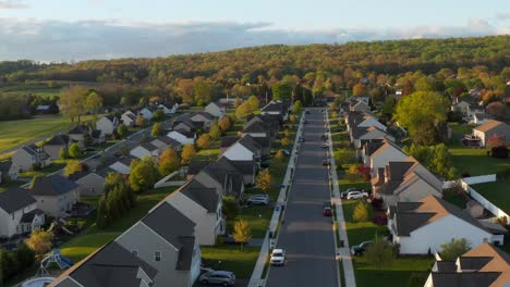Aerial-of-modern-American-homes-lining-tree-in-traditional-USA-suburb