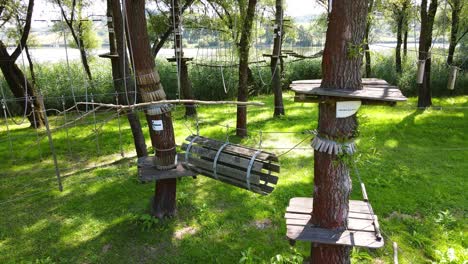 Small-high-ropes-course-strung-between-trees-near-Varbo,-Hungary