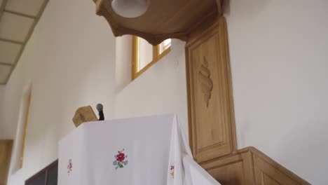Pulpit-and-microphone-at-front-of-reformed-church
