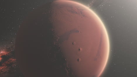Roter-Planet-Mars-Aus-Dem-Weltraum-Mit-Sichtbaren-Bergen-Und-Atmosphäre-Und-Hintergrund-Der-Milchstraße---3D-Animation-4K