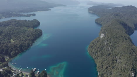 Aerial---Nahuel-Huapi-Lake-In-Arrayanes-National-Park,-Villa-La-Angostura,-Neuquen,-Argentina,-Reverse