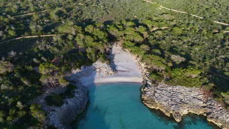 Aerial-View-Of-Es-Talaier-Virgin-Beach-on-a-sunny-day-in-Menorca-Spain,-Tracking-Close-Up