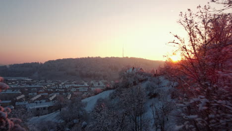 Aufschlussreiche-Aufnahme,-Die-Durch-Verschneite-Baumwipfel-Fliegt-Und-Die-Stadt-Winterthur-Vor-Einem-Atemberaubend-Warmen-Sonnenaufgang-Zeigt