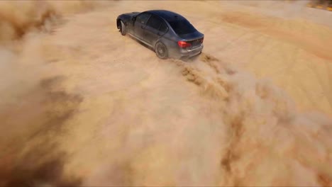 Epic-aerial-FPV-following-a-black-sports-car-drifting-in-the-desert-sand