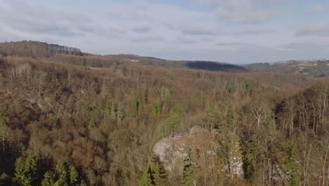 Aerial-view-of-a-valley-with-a-rocky-vista,-on-which-a-bunch-of-friends-look-around,-a-coniferous-forest-grows-around